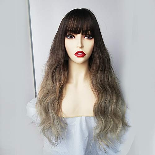 GJBXP Lange Synthetische Wasserwelle Perücken Mit Pony Natürliche Lockige Dunkelbraune Perücken Für Frauen Cosplay Perücken Hitzebeständige Faser Perücken Lc227 von GJBXP