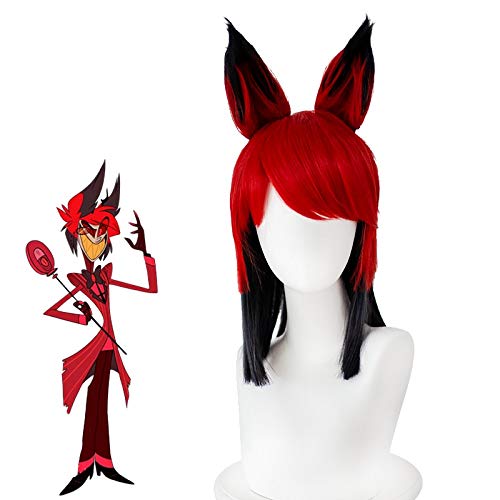 Hazbin Cosplay Hotel Alastor Cosplay Perücken Schwarz Rot Kurzes Haar Halloween Karneval Weihnachtskostüm Requisiten Perücken + Ohren + Perückenmütze Wb1489 von GJBXP