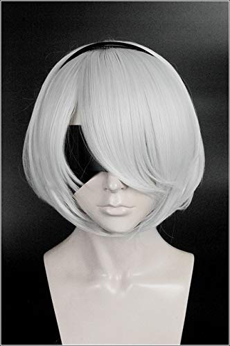 NieR: Automata 2B YoRHa Nr. 2 Heldin Typ B Short Silver White Bobo Hitzebeständige Cosplay-Kostümperücke + Perückenkappe Eine Größe wie auf dem Bild NieR: Automata 2B YoRHa Nr. 2 Heldin Typ B Short Silver White Bobo Hitzebeständige Cosplay-Kostümperücke + Perückenkappe Eine Größe wie auf dem Bild von GJBXP