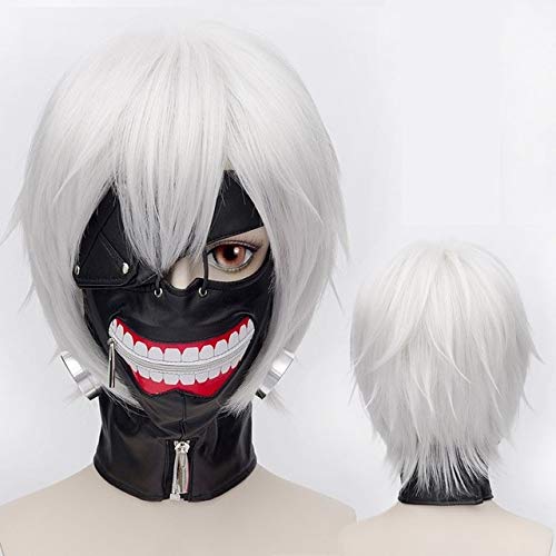 Tokyo Ghoul Kaneki Ken Perücke Kurze gerade gerade silbergraue synthetische Haare Cosplay Anime Perücken Hitzebeständigkeit Faser + Haarnetz Einheitsgröße wie das Bild von GJBXP