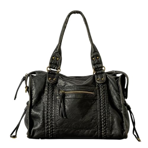 GJGJTER Damen Hobo Handtasche Frauen Washed Leather Umhängetasche Retro Geldbörse Shopper Top-Handle Tasche Arbeit Schultertaschen Schwarzer Schulranzen von GJGJTER