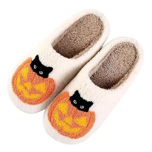 Damen Herren Erdbeere Hausschuhe Süße Obst Home Slippers Winter Fuzzy Memory Foam Flauschige Warme Hausschuhe, H1-Katzen-Kürbis, 6.5-7 Women/5.5-6 Men von GJIKE