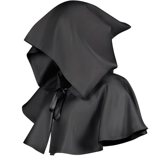 GJKLO 1 Stück Unisex Mittelalter Gugel Umhang mit Kapuze Gothic Feder Cape Schal für Halloween Cosplay, Cosplay herren, Schwarzer umhang von GJKLO
