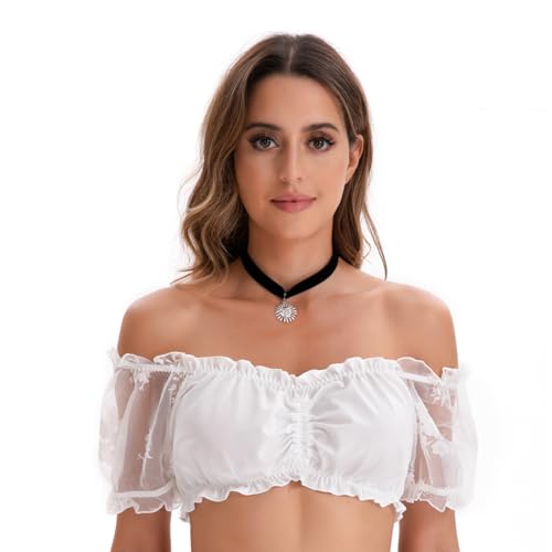 GJKLO Oktoberfest Bluse Damen Weiß, bluse damen, trachtenbluse, bluse Spitze Kurzarm Kordelzug Spitzenbluse Elegante Trachtenbluse, Größe S von GJKLO