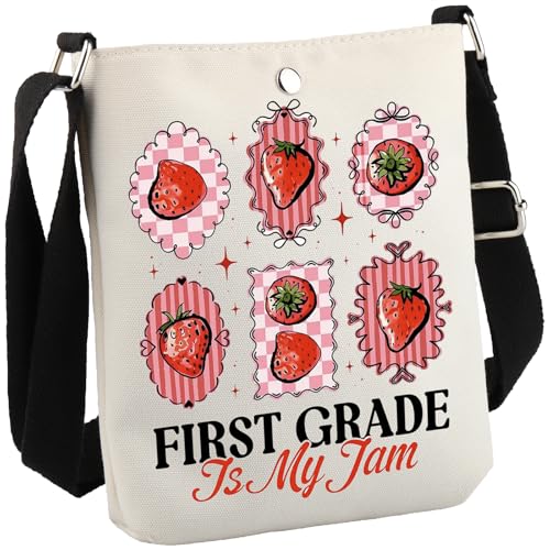 First Day Of 1st Grade Gift Teacher Team Crew Appreciation Gift First Grade Is My Jam Cute Strawberry Crossbody Bag, First Grade CB von GJTIM