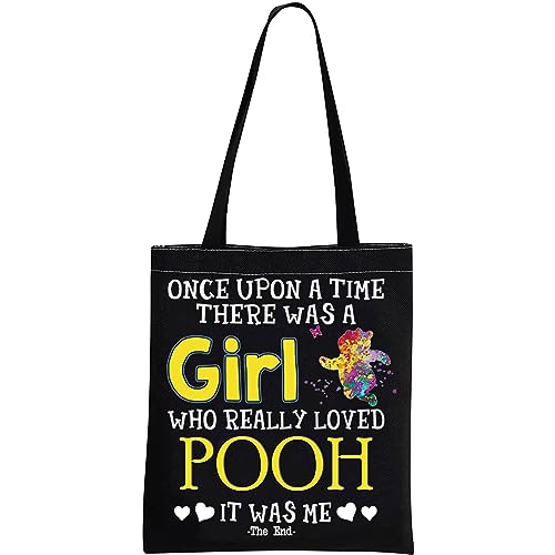 GJTIM Cartoon inspirierte Pooh Bear Reisetasche Pooh Bear Zubehör There Was a Girl Who Really Love Pooh Zipper Pouch for Bear Lovers, Loved Pooh Tote, Schwarz, Medium, Niedlich von GJTIM