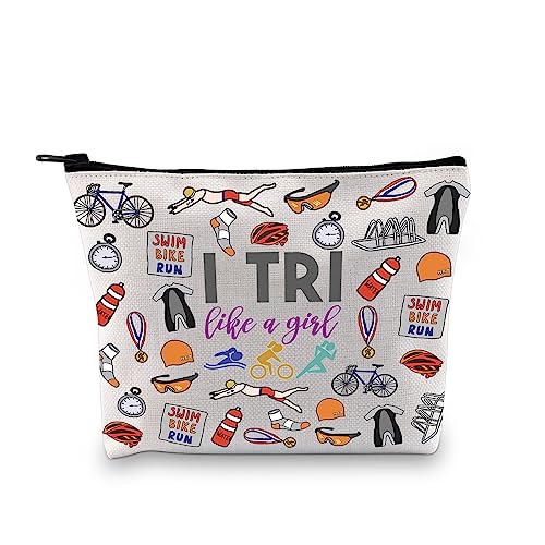 Triathlon-Geschenk, Schwimmen, Fahrradlaufen, Geschenk, Triathleten, inspirierendes Geschenk, I Tri Like A Girl, Tri Like Mädchentasche, Kosmetiktasche aus Segeltuch mit Reißverschluss von GJTIM