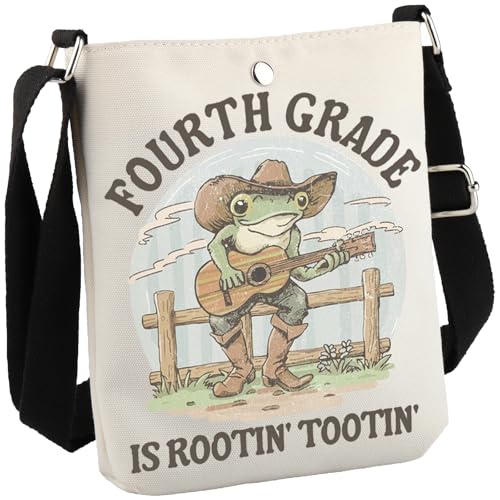 Umhängetasche mit Aufschrift "First Day Of 4th Grade Is Rootin' Tootin" Western Frog Teacher Back To School, Vierte Klasse Cb von GJTIM