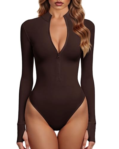GJY Bodys Für Damen Ein Stück Zip Front Langarm Oberteile Jumpsuits,Kaffee von GJY