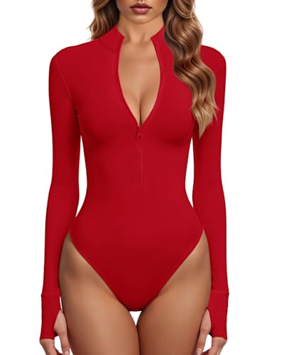 GJY Bodys Für Damen Ein Stück Zip Front Langarm Oberteile Jumpsuits,Kandis Rot von GJY