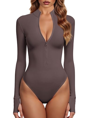 GJY Bodys Für Damen Ein Stück Zip Front Langarm Oberteile Jumpsuits,Rose Braun von GJY