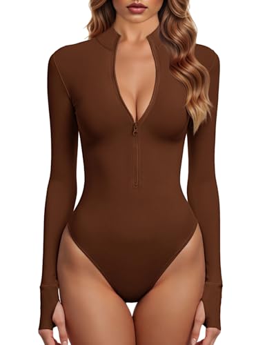 GJY Bodys Für Damen Ein Stück Zip Front Langarm Oberteile Jumpsuits,Russet Braun von GJY