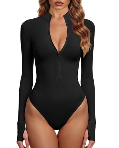 GJY Bodys Für Damen Ein Stück Zip Front Langarm Oberteile Jumpsuits,Schwarz von GJY