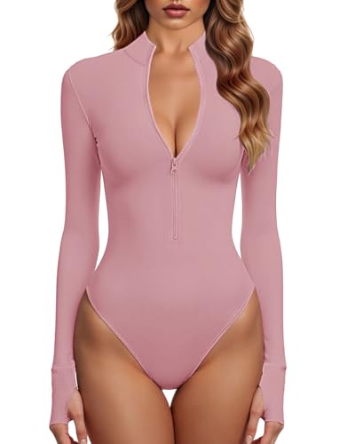 GJY Bodys Für Damen Ein Stück Zip Front Langarm Oberteile Jumpsuits,Süßes Rosa von GJY