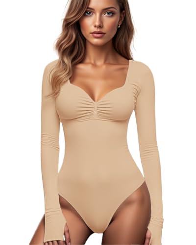 GJY Damen Bodysuit mit Quadratischem V-Ausschnitt, Sexy Oberteile Mode Langarm Going Out Tops Stretchy Körper Anzug,Helles Apricot von GJY