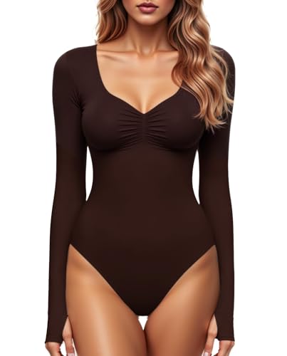 GJY Damen Bodysuit mit Quadratischem V-Ausschnitt, Sexy Oberteile Mode Langarm Going Out Tops Stretchy Körper Anzug,Kaffee GJY Damen Bodysuit mit Quadratischem V-Ausschnitt, Sexy Oberteile Mode Langarm Going Out Tops Stretchy Körper Anzug,Kaffee von GJY