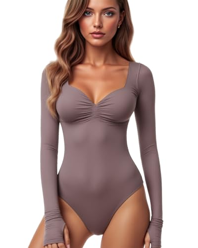 GJY Damen Bodysuit mit Quadratischem V-Ausschnitt, Sexy Oberteile Mode Langarm Going Out Tops Stretchy Körper Anzug,Rose braun von GJY