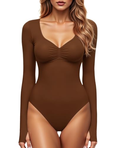 GJY Damen Bodysuit mit Quadratischem V-Ausschnitt, Sexy Oberteile Mode Langarm Going Out Tops Stretchy Körper Anzug,Russet GJY Damen Bodysuit mit Quadratischem V-Ausschnitt, Sexy Oberteile Mode Langarm Going Out Tops Stretchy Körper Anzug,Russet von GJY