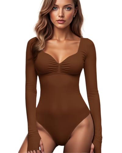 GJY Damen Bodysuit mit Quadratischem V-Ausschnitt, Sexy Oberteile Mode Langarm Going Out Tops Stretchy Körper Anzug,Russet GJY Damen Bodysuit mit Quadratischem V-Ausschnitt, Sexy Oberteile Mode Langarm Going Out Tops Stretchy Körper Anzug,Russet von GJY