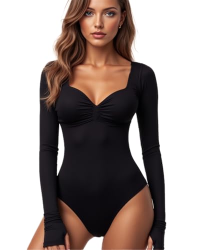 GJY Damen Bodysuit mit Quadratischem V-Ausschnitt, Sexy Oberteile Mode Langarm Going Out Tops Stretchy Körper Anzug,Schwarz von GJY