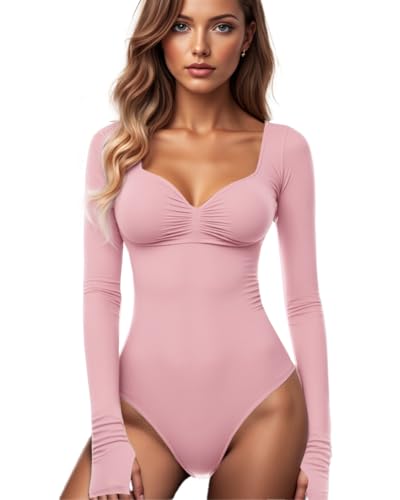 GJY Damen Bodysuit mit Quadratischem V-Ausschnitt, Sexy Oberteile Mode Langarm Going Out Tops Stretchy Körper Anzug,Süßes Rosa von GJY