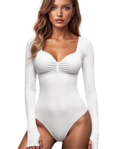 GJY Damen Bodysuit mit Quadratischem V-Ausschnitt, Sexy Oberteile Mode Langarm Going Out Tops Stretchy Körper Anzug,Weiß von GJY