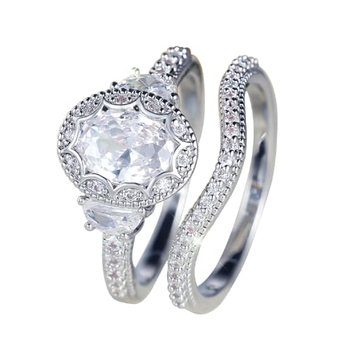 GJYombuke 2-teiliges Set, elegantes Ovalschliff Zirkonia Ring-Set, 9 mm eiförmiger Hauptstein mit halbrunden Akzenten, glänzend & luxuriös Hochzeit Verlobungsringe, Messing, Zirkonia GJYombuke 2-teiliges Set, elegantes Ovalschliff Zirkonia Ring-Set, 9 mm eiförmiger Hauptstein mit halbrunden Akzenten, glänzend & luxuriös Hochzeit Verlobungsringe, Messing, Zirkonia von GJYombuke
