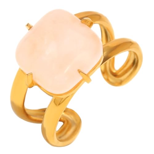 GJYombuke Eleganter Damenring aus Edelstahl, 18 Karat vergoldet, verstellbarer Ring mit rosa Jade, minimalistisches offenes Band für Freizeit oder formelle Kleidung von GJYombuke
