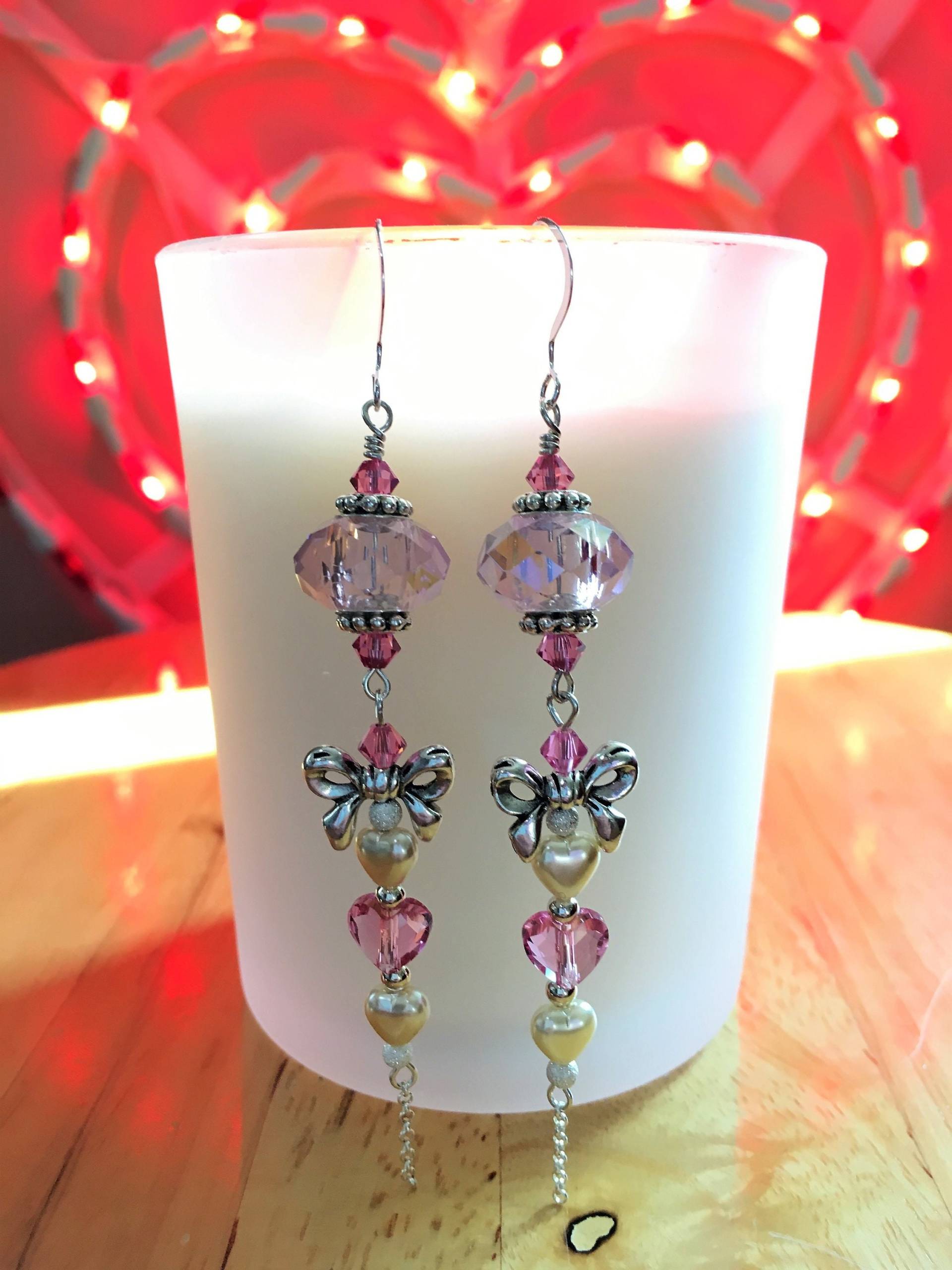 Sweet Heart Valentinstag Ohrringe/ Baumeln Geschenk/ Glas/ Kristalle/ Perlen/ Sterling Silber Sweet Heart Valentinstag Ohrringe/ Baumeln Geschenk/ Glas/ Kristalle/ Perlen/ Sterling Silber von GJsCollections
