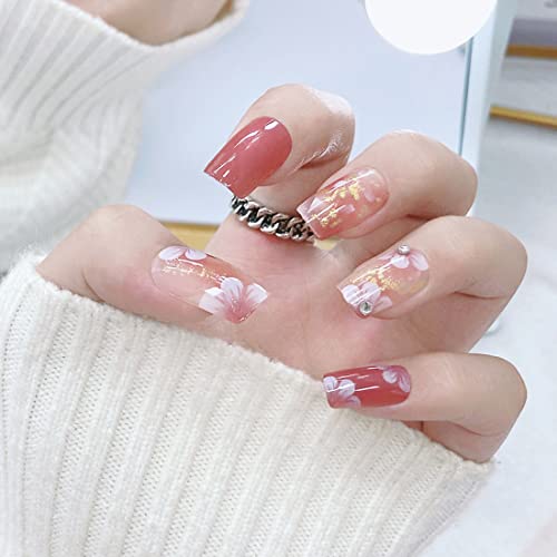 24 Stück mittellange künstliche Nägel Blume mit Strasssteinen künstliche Nägel goldene glitzernde künstliche Nägel glänzende künstliche Nägel Kunst für Frauen und Mädchen tägliche Dekoration von GKKBUFF
