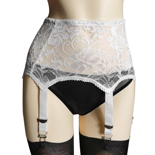 GKLWEJ Damen Sexy Strapsgürtel Spitze, Verstellbaren Strapshalter mit Strumpfband, Strumpfgürtel Damen Sexy, Straps Strumpfhalter mit 6 Halter Wetlook, für Oberschenkelstrümpfe, Weiß, M von GKLWEJ