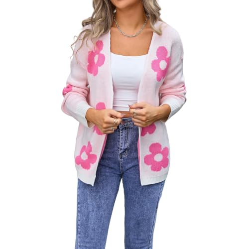 GKSMHD Kurzer Cardigan mit Blumenmuster für Damen Strickpullover mit Weißem Blumenmuster Lange Ärmel V-Ausschnitt Mäntel mit Offener Vorderseite Leichte Oberbekleidung für Frühling und Herbst,Rosa,XL von GKSMHD