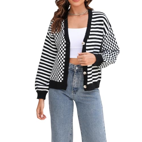 Lässiger Lockerer Cardigan für Damen Modisch Kariert Gestreift V-Ausschnitt Langärmelig Kint Mäntel Frühling Herbst Leichter Pullover Vorne Offen Knopfleiste Oberbekleidung,Schwarz,M von GKSMHD