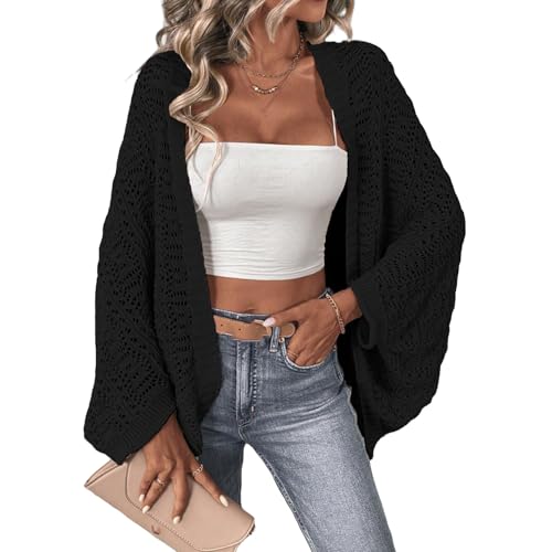 GKSMHD Lockere Sommer Strickjacken für Damen, Elegante Fledermausärmel Offene Vorderseite Strickjacke V Ausschnitt Ausgehöhlt Leichte Mäntel Lässige Drapierung Wasserfall Oberbekleidung, Schwarz,XXL von GKSMHD