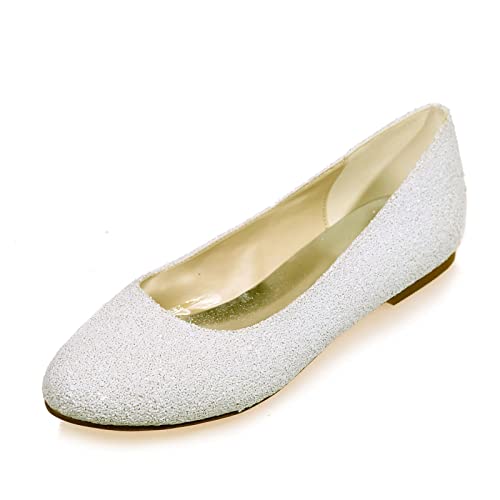 GKTF Damen Ballerinas Glitzer Flache Hochzeitsschuhe Runder Zehenpartie Slip Ons Brautschuhe,Ivory White,37 EU von GKTF