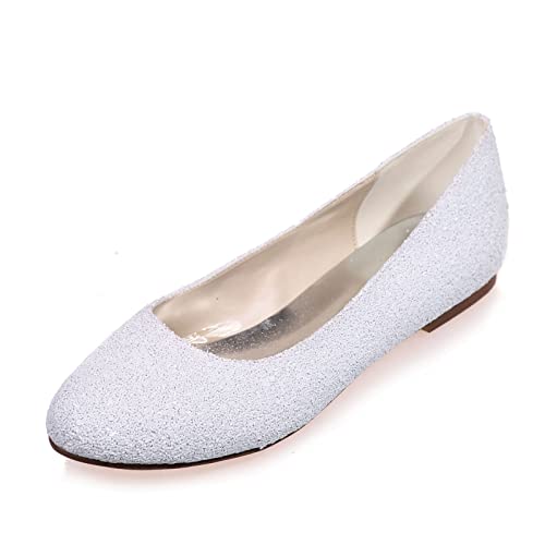 GKTF Damen Ballerinas Glitzer Flache Hochzeitsschuhe Runder Zehenpartie Slip Ons Brautschuhe,Weiß,36 EU von GKTF