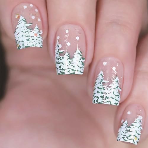 24 PCs/Set Christmas Tree Artificial Nails Falsche Nägel Französische Schneeflocken Vollbezüge Kleben von GKYQVE