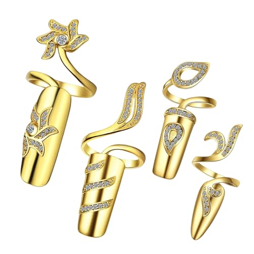 GKYQVE 4pcs Modische Gold/Silberlegierung Knöchel Ringe Verstellbare Zirkone Nägel Deckungen Fingerspitzenringe Fingernagelzubehör Gold/Silber Offen Offen von GKYQVE
