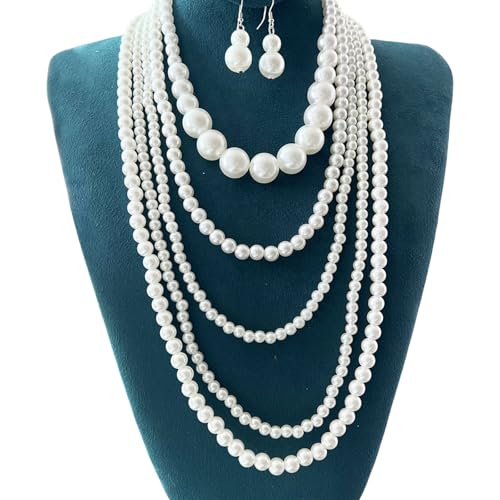 GKYQVE Anspruchsvolle Multi Layer Faux Pearls Schmuckset Wunderschöne Layered Faux Pearls Halskette Und Ohrringe Passen Handgefertigte Halskette. von GKYQVE