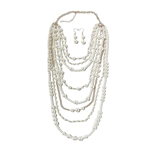 GKYQVE Elegante Multilayer Simulierte Perlenkette Langes Halskette Fashion Statement Halskette Stylischer Nackenschmuck Für Frauen Mädchen Statement Und Ohrringe von GKYQVE
