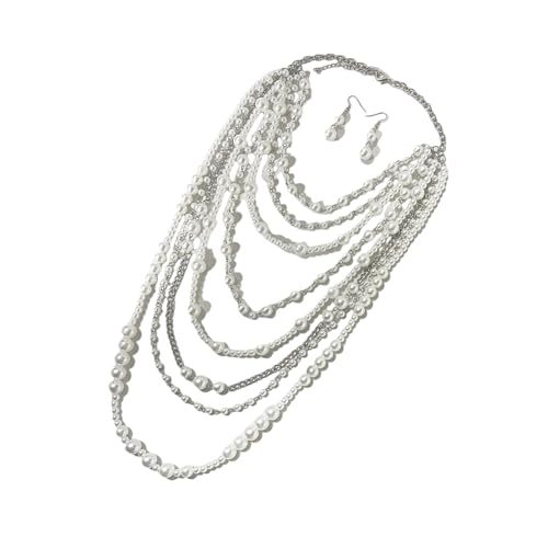 GKYQVE Elegante Multilayer Simulierte Perlenkette Langes Halskette Fashion Statement Halskette Stylischer Nackenschmuck Für Frauen Mädchen Statement Und Ohrringe von GKYQVE