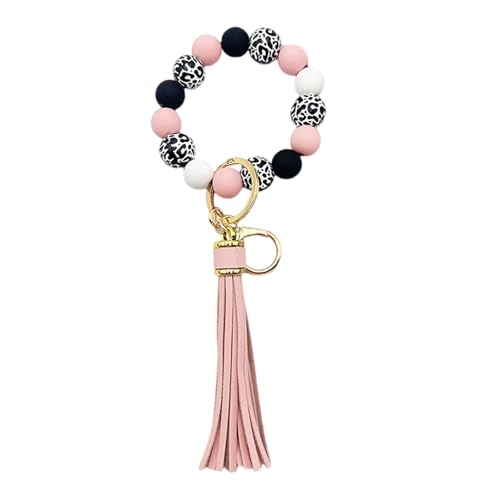 GKYQVE Trendy Perlen Armband Schlüsselbundschlüssel Armband PU Tassels Schlüsselringe Holzperlen Stilvolle Anhänger Für Stilvolle Frauen Modische Ringe von GKYQVE