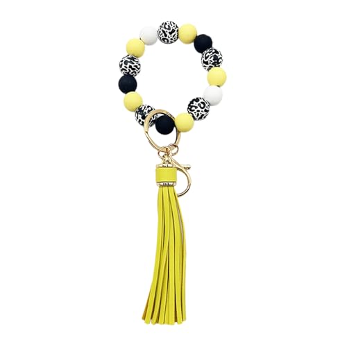 GKYQVE Trendy Perlen Armband Schlüsselbundschlüssel Armband PU Tassels Schlüsselringe Holzperlen Stilvolle Anhänger Für Stilvolle Frauen Modische Ringe von GKYQVE