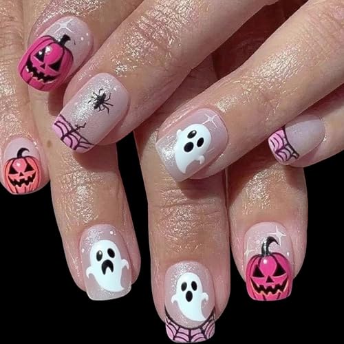 Halloween Gefälschte Nägel Kurzquadratische Spinnen Web Kunst Haltbarkeit Ungiftiges Künstliche Nägel Für Kostümpartys Halloween Fake Nail Short Square von GKYQVE