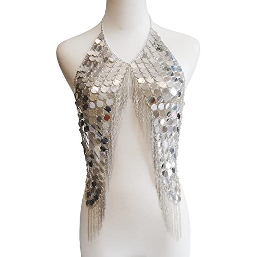 GKYQVE Metall Pailletten Quaste Halskette Halskette Bra Kette Frauen Schmuck Metalllegierung Körper Juwely Frauen PECALE KÖRPER Ketten Bauchketten Silber Silber von GKYQVE