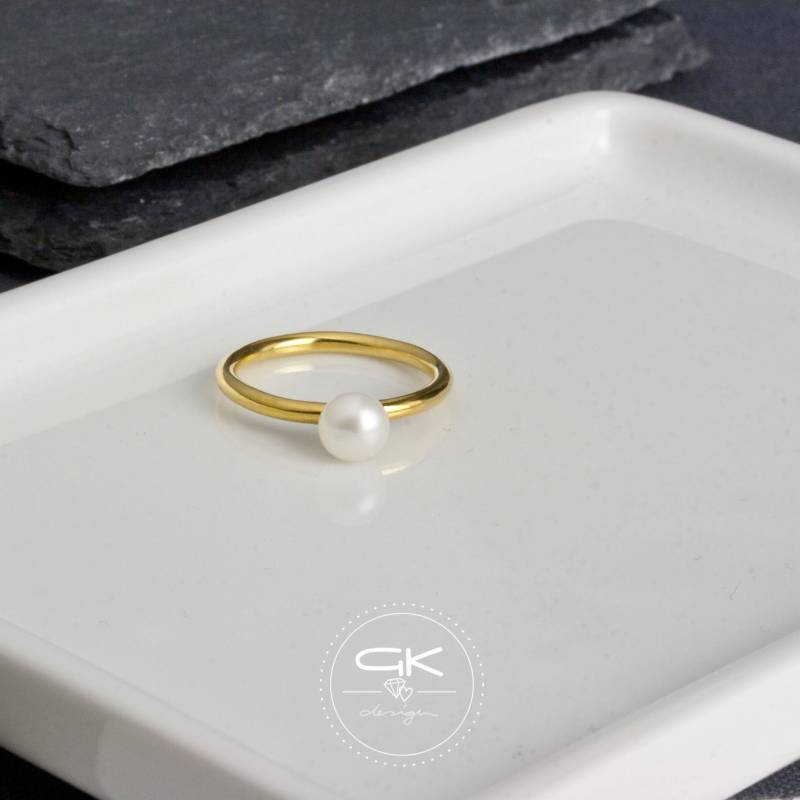 Perlenring Silber 925 Vergoldet, Modern, Damen, Ring Mit Perle Gold, Süsswasserperlen 23, 5 Karat Vergoldet von GKdesignSchmuck