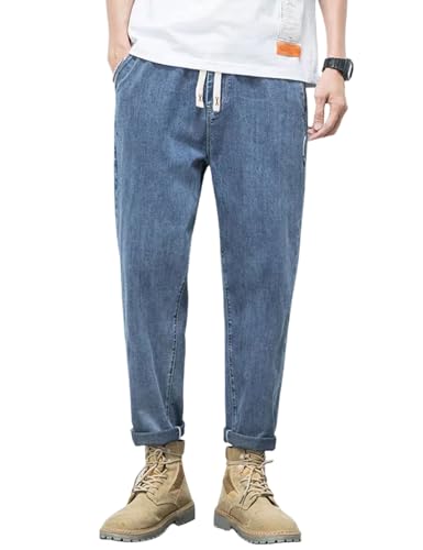 GL SUIT Herren Tapered Denim | Jeans mit elastischer Taille | Locker geschnittene lässige Denim-Hose | Frühling Sommer Jogginghose Denim Hose,Blau,32 von GL SUIT