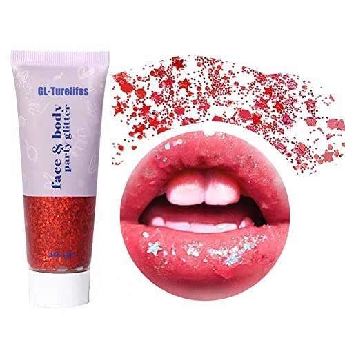 Chunky Glitter Gel Glitter Body Gel Festival Glitter Kosmetik Gesicht Haare Nägel Make-up Meerjungfrau Pailletten Flüssiger Lidschatten Langanhaltend funkelnd (#07 Rot) von GL-Turelifes