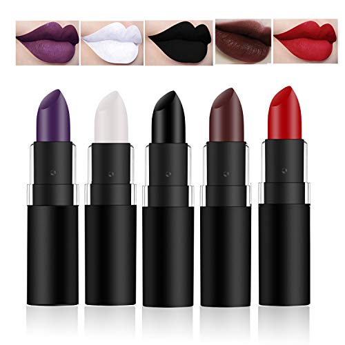 GL-Turelifes 5er Pack Vampire Lippenstifte Set Matt Langlebig Rot Schwarz Lila Weißer Samt Lippenstift für Maskerade, Cosplay, Halloween Make-up von GL-Turelifes