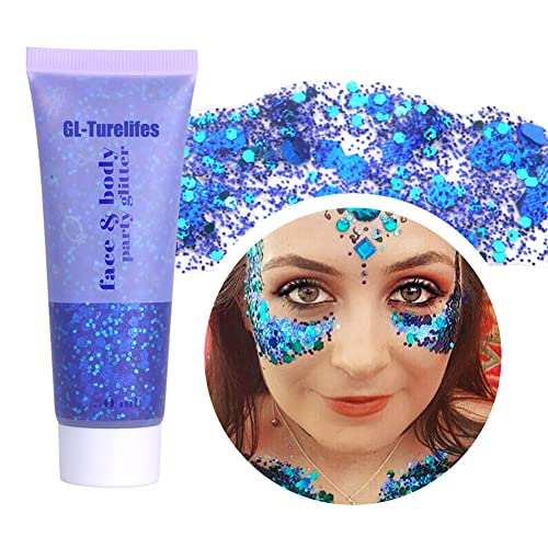 GL-Turelifes Chunky Glitter Gel Glitter Body Gel Festival Glitter Kosmetik Gesicht Haare Nägel Make-up Meerjungfrau Pailletten Flüssiger Lidschatten Langanhaltend Funkelnd (Blau 50ml) von GL-Turelifes